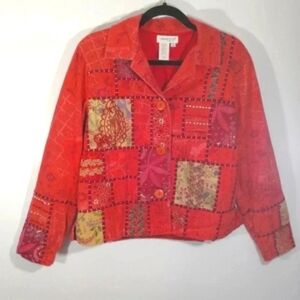 Coldwater Creek Patchwork Jacket Embroidery 3 Buttons Long Sleeve Red M Medium